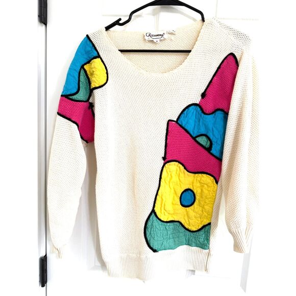 80s Retro Cream with Bright Color Block Alexandria Knit Sweater - Womens Size M - Picture 8 of 8